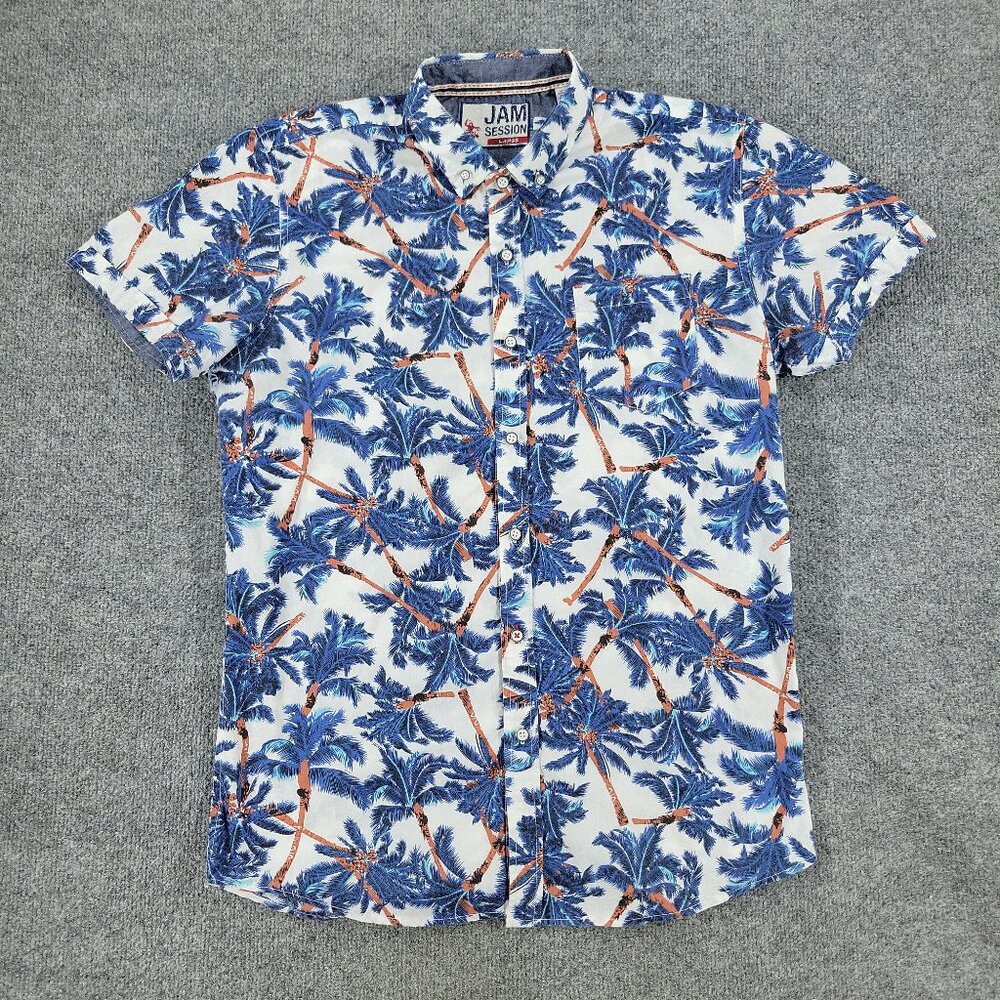 Jam Session Button Shirt Men Large White Blue AOP Graphic Short Sleeve Slim Fit